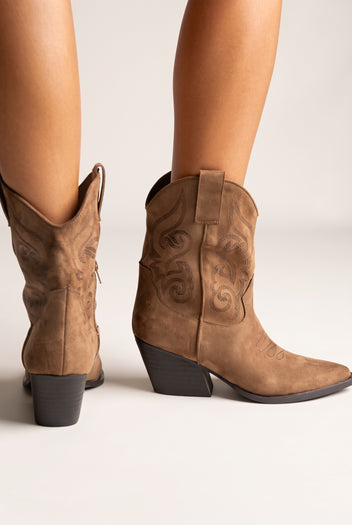 Cowboy Ankle Boots Block Heel - Camel Suede