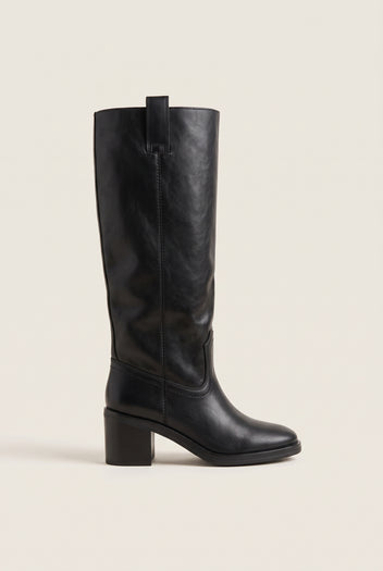 Black smooth leather knee-high boot, side view, pull tab, stitched vamp detail, round toe and block heel