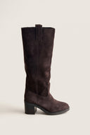 Block Heel Boots Round Toe - Brown Suede