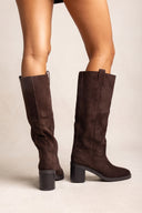 Block Heel Boots Round Toe - Brown Suede