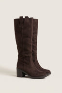 Block Heel Boots Round Toe - Brown Suede