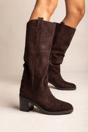 Block Heel Boots Round Toe - Brown Suede