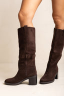Block Heel Boots Round Toe - Brown Suede