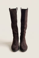 Block Heel Boots Round Toe - Brown Suede