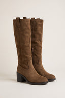 Block Heel Boots Round Toe - Camel Suede