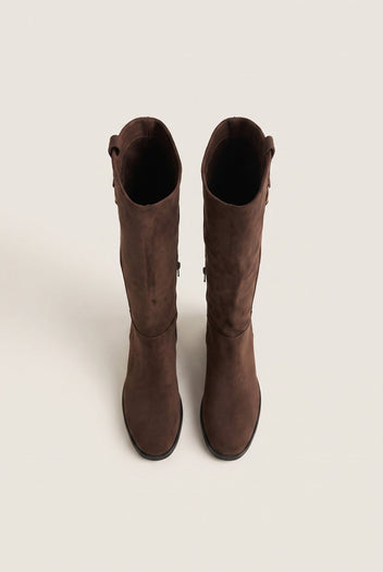 Flat Riding Boots Metallic Detail - Brown Suede-Flat Riding Boots Metallic Detail - Brown Suede