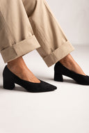 Square Heel Pumps Pointed Toe - Black Suede