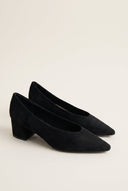 Square Heel Pumps Pointed Toe - Black Suede-Square Heel Pumps Pointed Toe - Black Suede