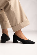 Square Heel Pumps Pointed Toe - Black Suede
