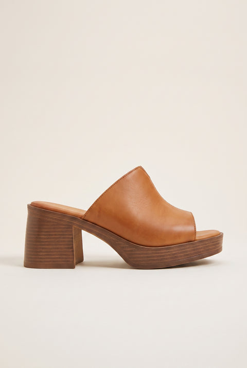 Block Heel Mules Cut Out - Tan Matte