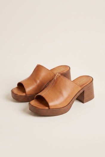 Block Heel Mules Cut Out - Tan Matte
