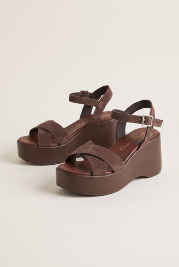 Platform Sandals Crossover Strap - Brown Suede