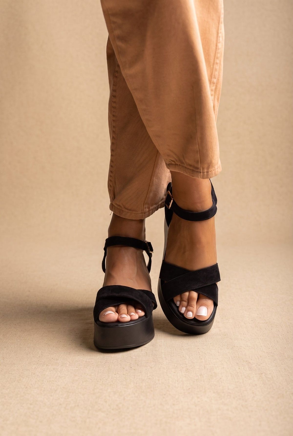 Platform Sandals Crossover Strap - Black Suede-Platform Sandals Crossover Strap - Black Suede