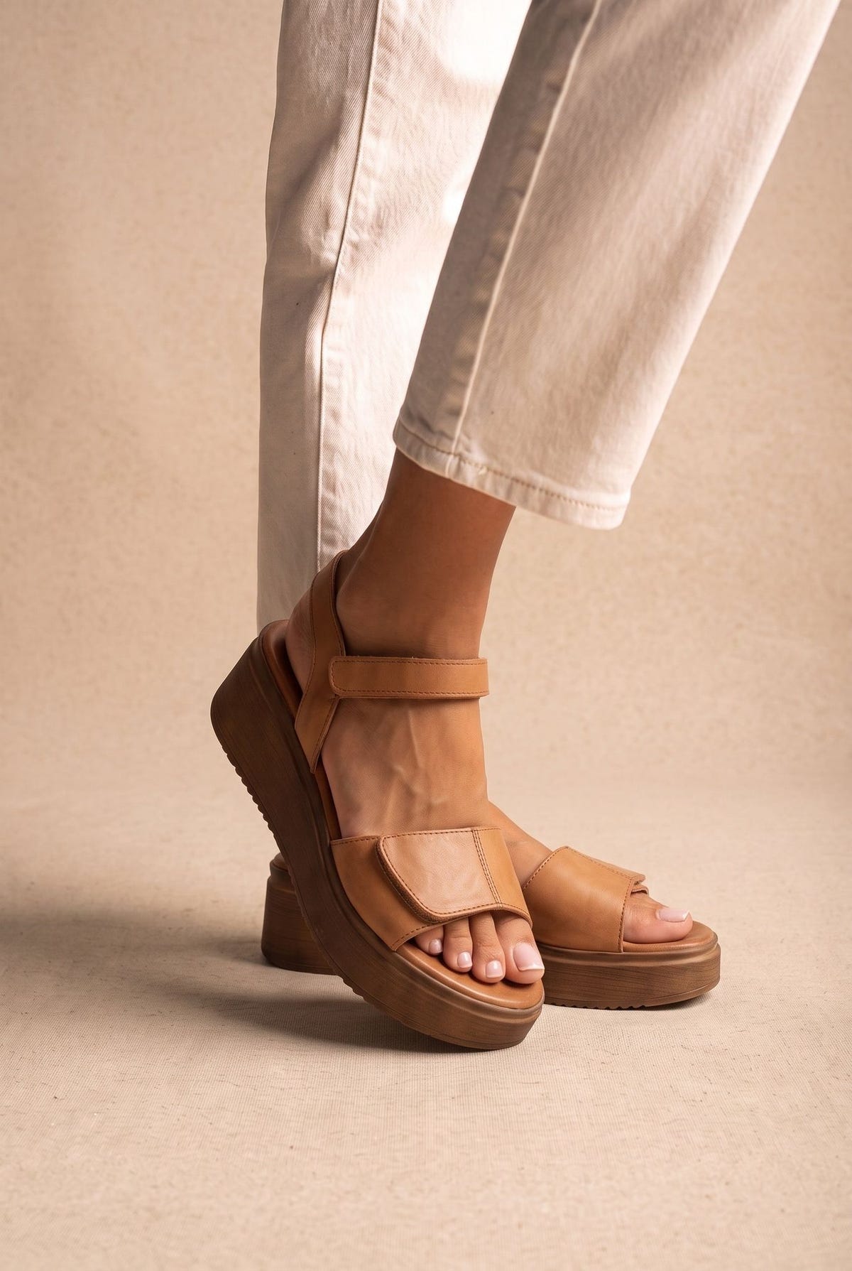 Flatform Sandals Velcro Strap - Tan Matte-Flatform Sandals Velcro Strap - Tan Matte