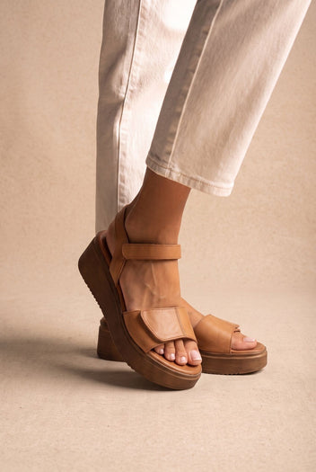 Flatform Sandals Velcro Strap - Tan Matte-Flatform Sandals Velcro Strap - Tan Matte
