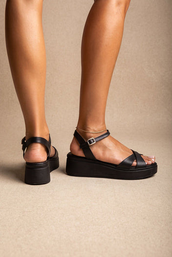 Flatform Sandals Crossover Strap - Black Matte-Flatform Sandals Crossover Strap - Black Matte