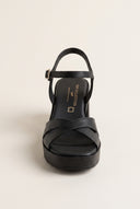 Block Heel Sandals Crossover Strap - Black Matte