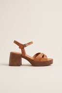 Block Heel Sandals Crossover Strap - Tan Matte