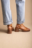 Block Heel Sandals Crossover Strap - Tan Matte