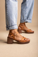 Block Heel Sandals Crossover Strap - Tan Matte