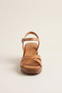 Block Heel Sandals Crossover Strap - Tan Matte