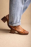 Block Heel Sandals Crossover Strap - Tan Matte