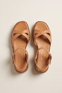 Block Heel Sandals Crossover Strap - Tan Matte