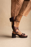 Block Heel Sandals Crossover Strap - Brown Matte