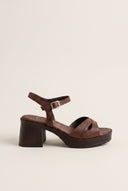 Block Heel Sandals Crossover Strap - Brown Matte
