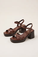 Block Heel Sandals Crossover Strap - Brown Matte