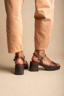 Block Heel Sandals Crossover Strap - Brown Matte