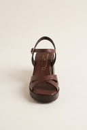 Block Heel Sandals Crossover Strap - Brown Matte