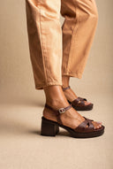 Block Heel Sandals Crossover Strap - Brown Matte