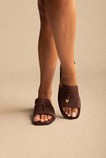 Flat Sandals Square Toe - Brown Matte