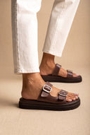 Flatform Sandals Statement Buckle - Brown Matte