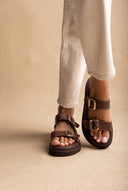 Flatform Sandals Statement Buckle - Brown Matte