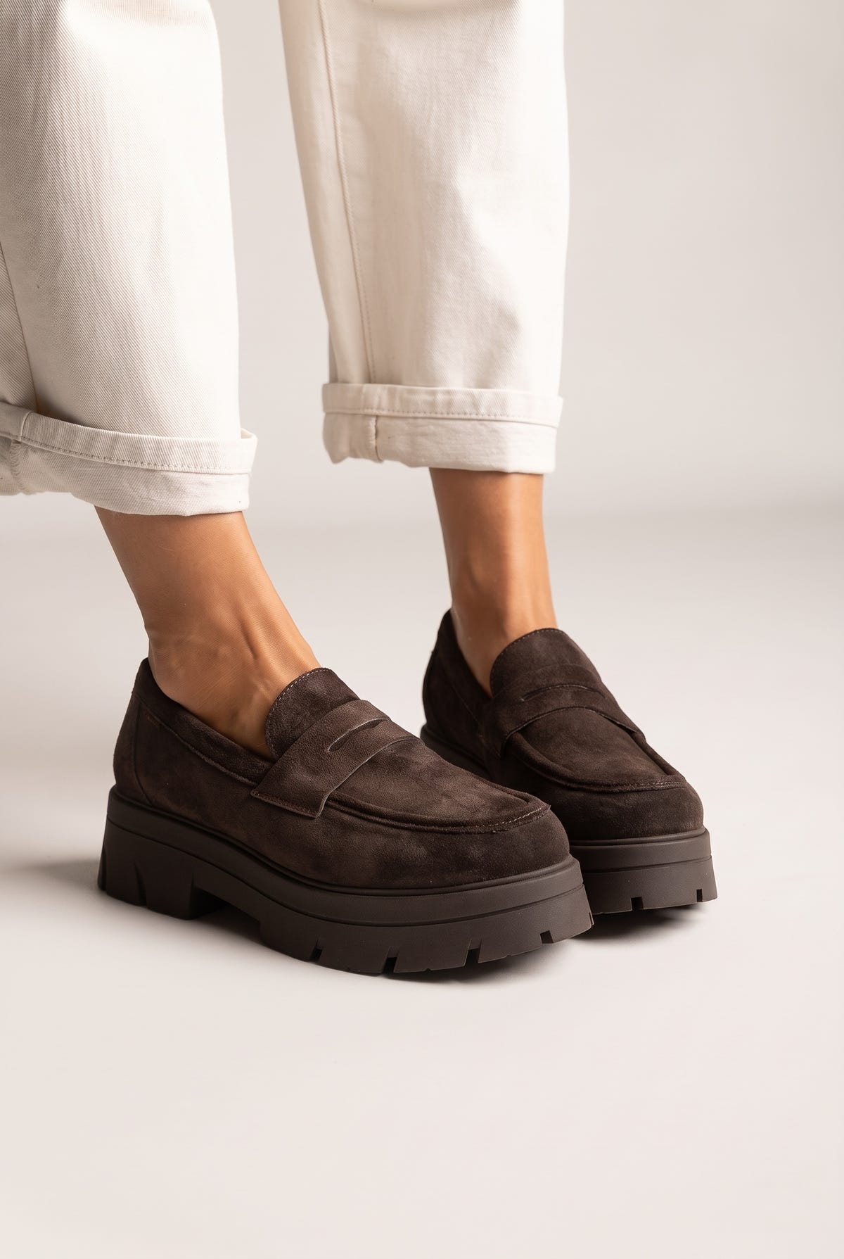 Mocassini penny con suola chunky – Camoscio marrone