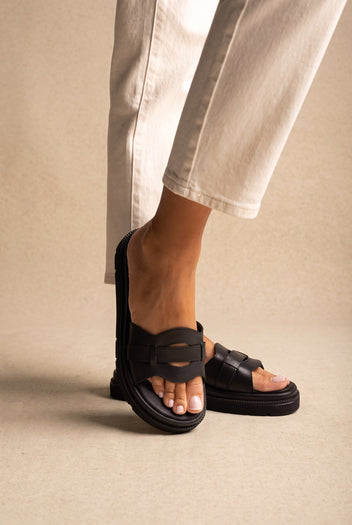 Flatform Sandals Wide Cut Out - Black Matte