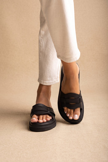 Flatform Sandals Wide Cut Out - Black Matte