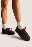 Platform Loafers Lace Up - Brown Suede