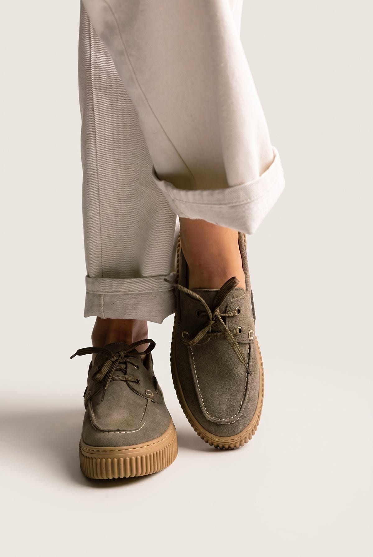 Mocassins plateforme à lacets - Daim Olive
