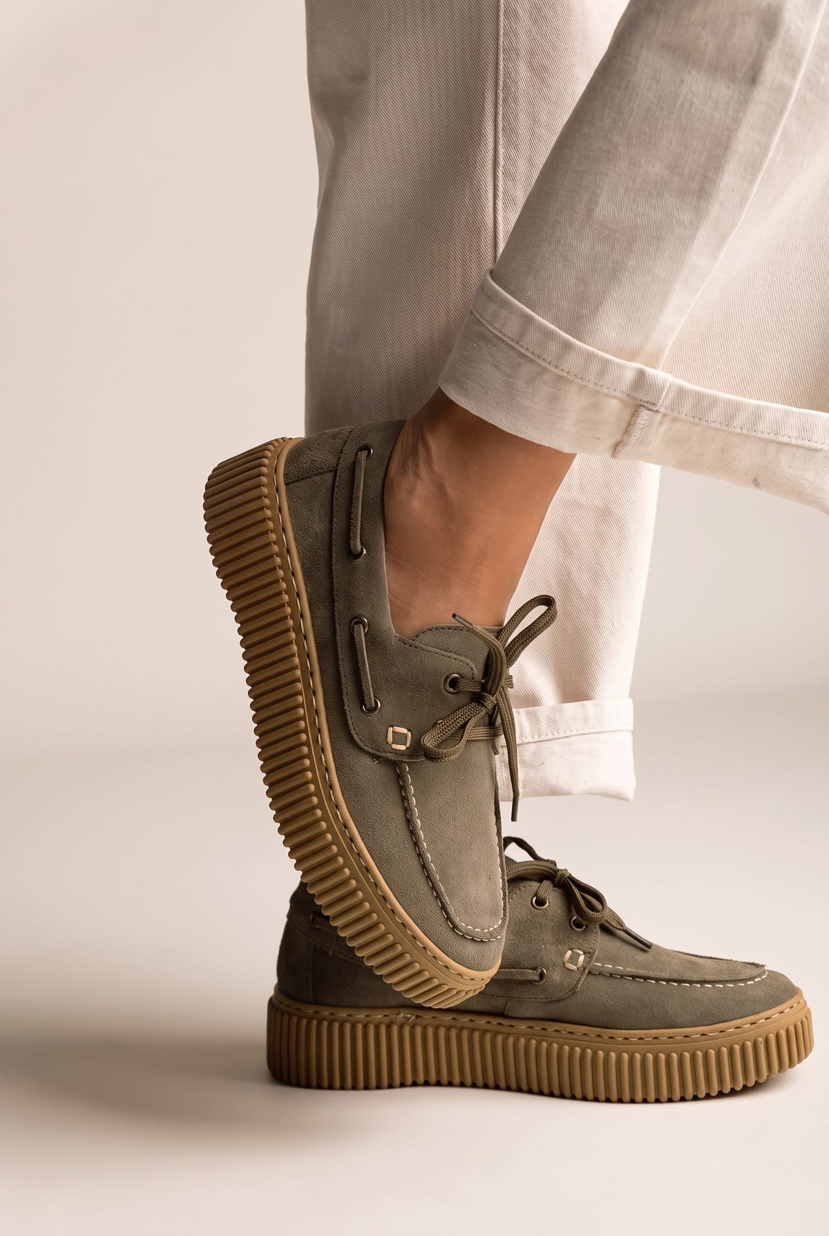 Mocassins plateforme à lacets - Daim Olive