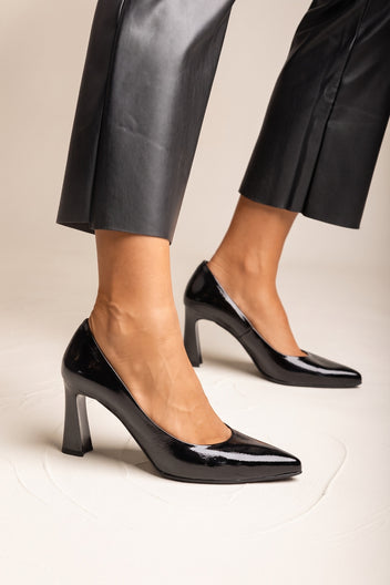 Block Heel Pumps Pointed Toe - Black Patent