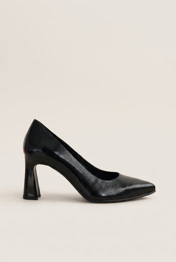 Block Heel Pumps Pointed Toe - Black Patent