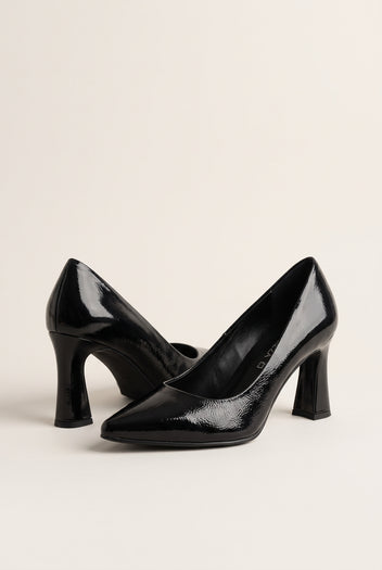 Block Heel Pumps Pointed Toe - Black Patent