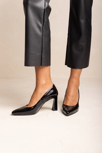 Block Heel Pumps Pointed Toe - Black Patent