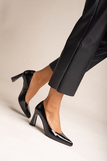 Block Heel Pumps Pointed Toe - Black Patent