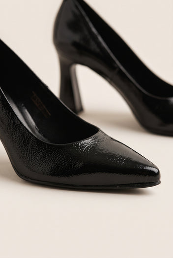 Block Heel Pumps Pointed Toe - Black Patent