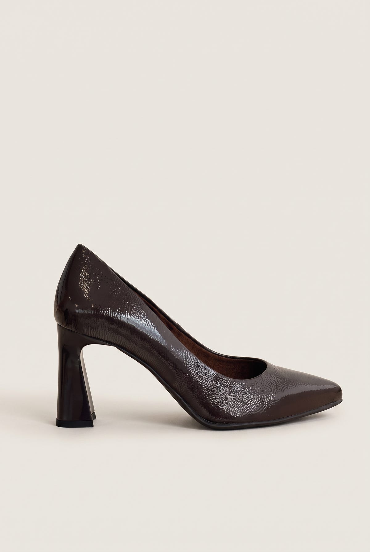 Block Heel Pumps Pointed Toe - Brown Patent