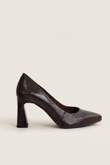 Block Heel Pumps Pointed Toe - Brown Patent